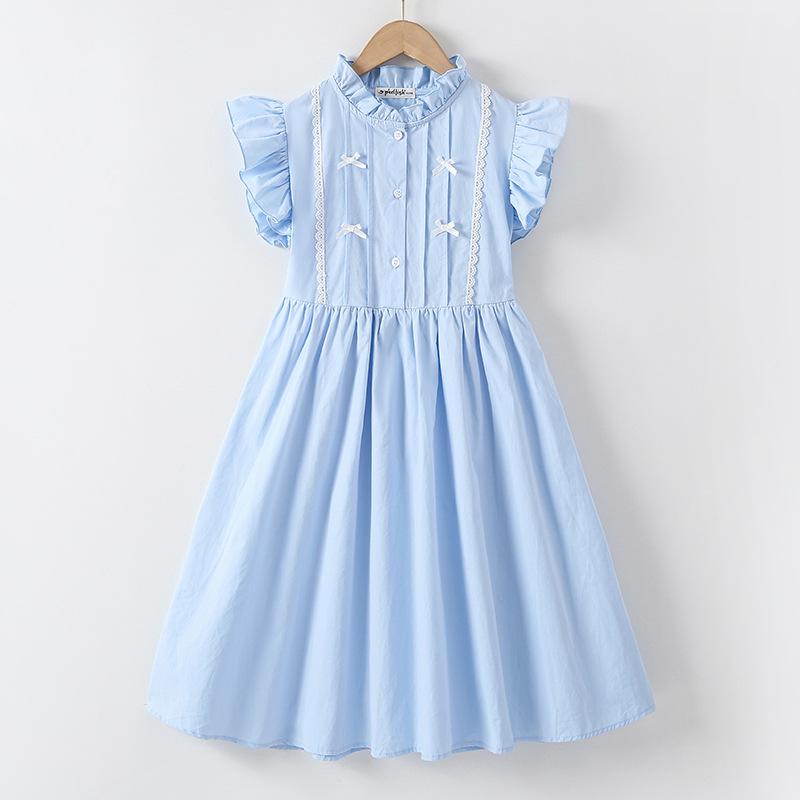 Girls Fashionable Pure Cotton Princess Dress for Summer, Children s Sweet Bow Tie Blue Dress 120cm небесно-голубой