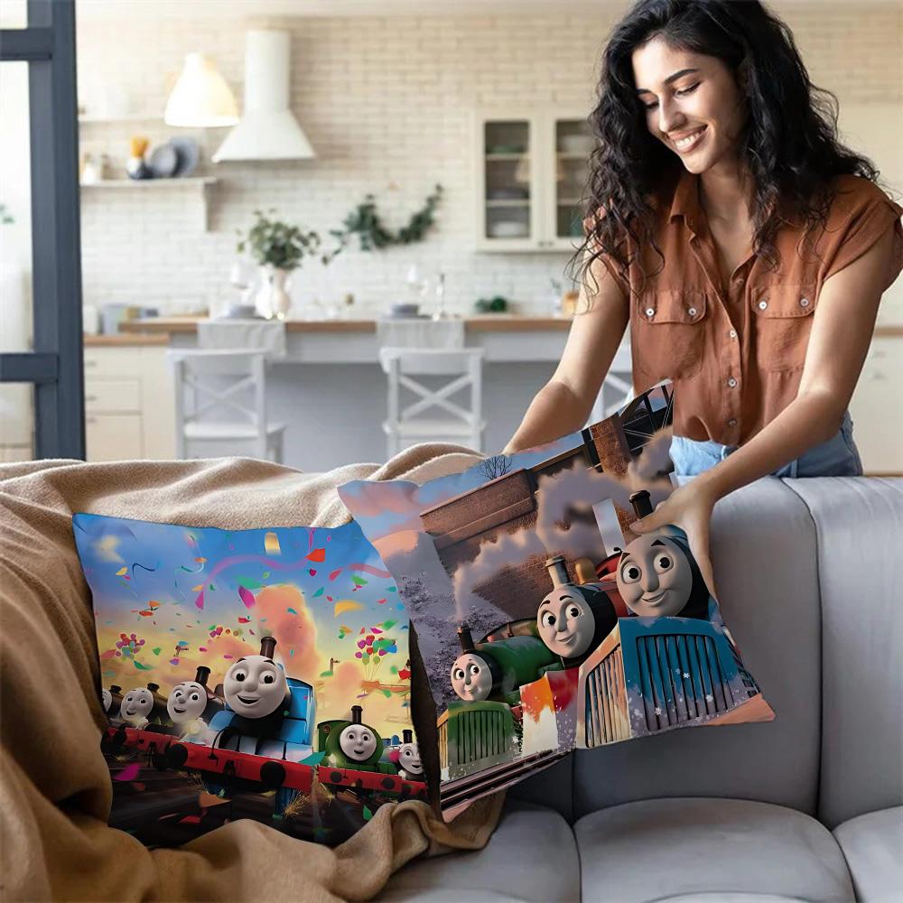 Thomas The Train Square Pillow Covers Cartoon Sofa Decorative Home Double-Sided Printing Short Plush Cute Cushion Cover