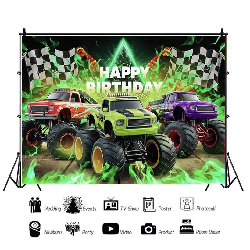 Monster Truck Themed Birthday Party Decorations, Backdrop for Boys, Cool Race Cars, Surprise Banner49