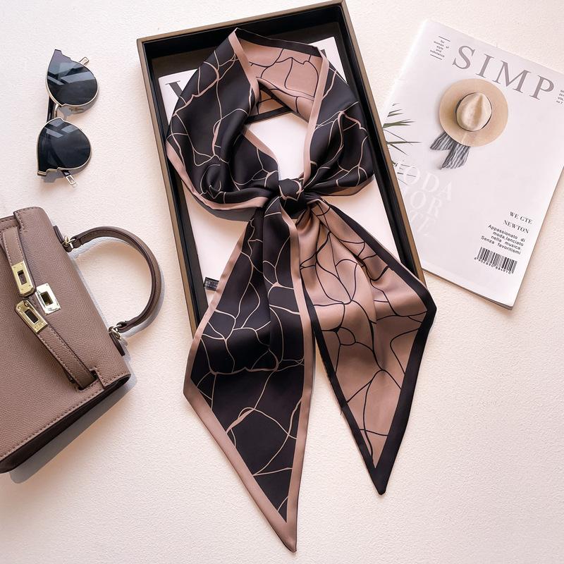 Long small silk scarf women's spring, autumn and summer black neck protection scarf with shirt streamer ribbon belt thin scarf