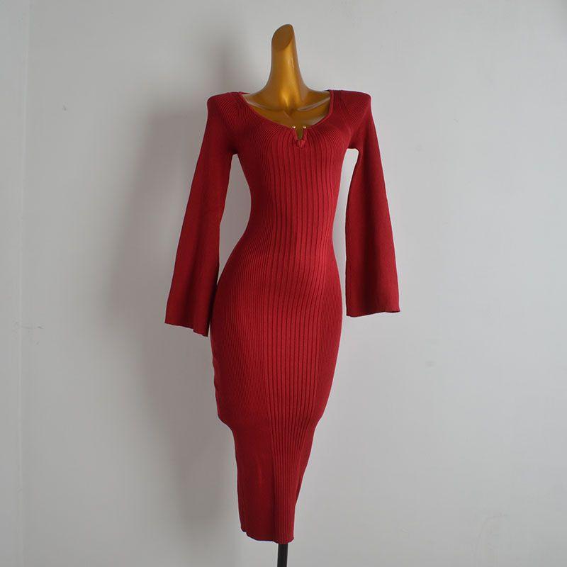

Export Single New Arrival Sexy V Neck Sunken Stripe Bell Sleeve Knitting Dress Women s Clothing Fall/Winter Slim Slimming Office Lady Skirt Red 18