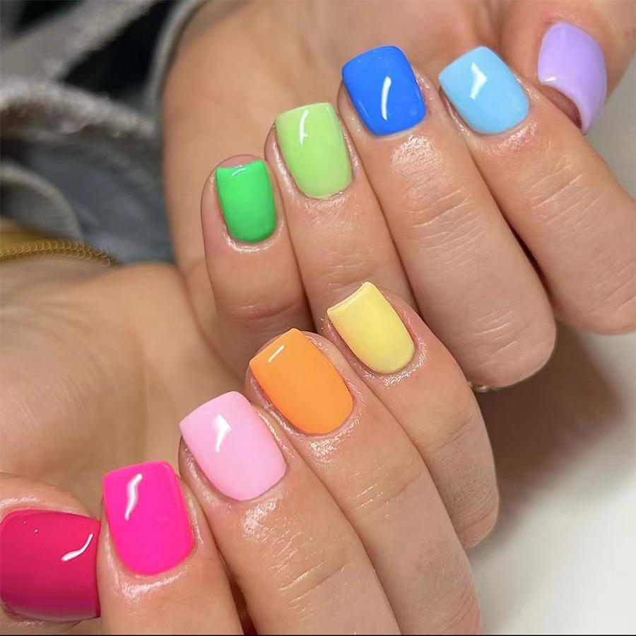 24Pz Unghie Finte Francesi Colorate Primaverili con Disegni Testa Quadrata Corta Press on Unghie Finte Indossabili Semplici Stick Gelatina su Unghie