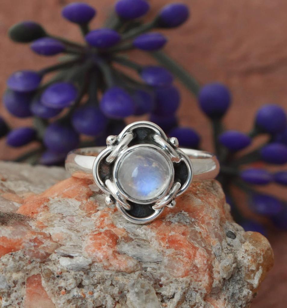 Moonstone Round Gemstone Ring, Solid 925 Sterling Silver Ring, Bohemian Ring, Unique Gift, Birthstone Jewelry