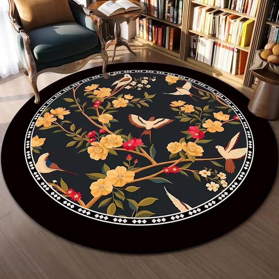 1pc Retro Floral Patterns Round Rug, Non-slip Floor Mat for Living Room, Bedroom, Bathroom, Holiday Home Decoration