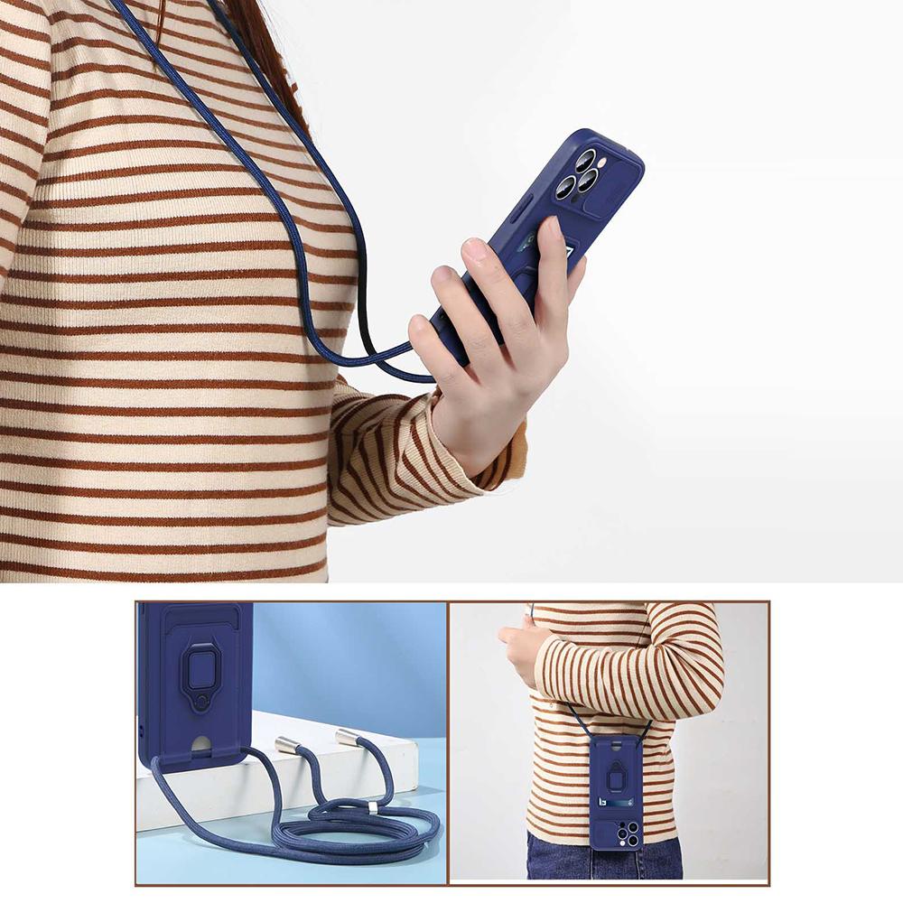 For iPhone 15 Pro Max Case Card Holder PC + TPU Phone Kickstand Cover with Lanyard