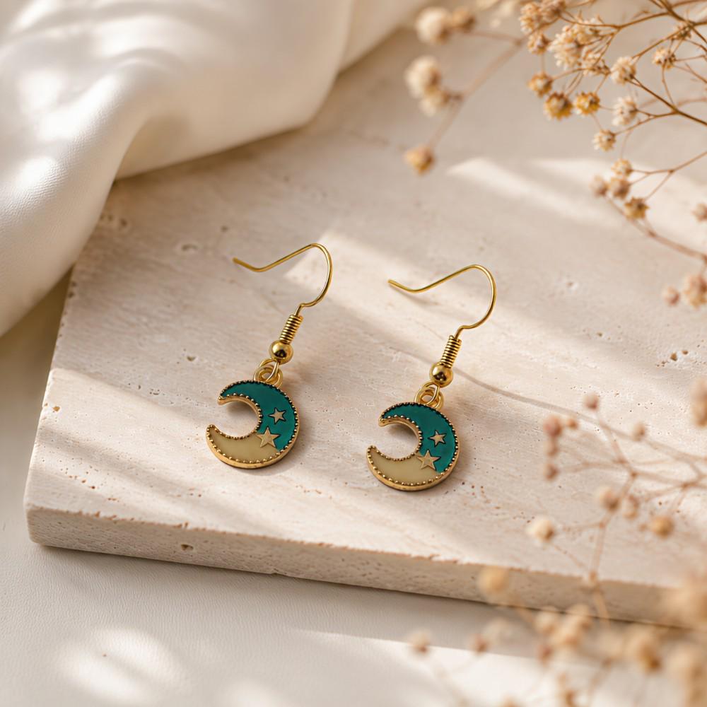 E1382 Asymmetrical Japanese & Korean Style Earrings: Blue Starry Sky, Moon, Planet Design