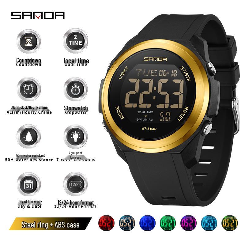 Sanda Unisex Student Party Watch: Colorful Lights, Multi-functional, Waterproof Sports Electronic Watch