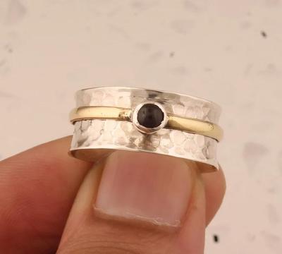 Black Onyx Spinner Band Ring, Two Tone Ring, Meditation Ring, Thumb Ring, Silver Jewelry, Designer Ring, Spinner Ring, Unisex Jewelry