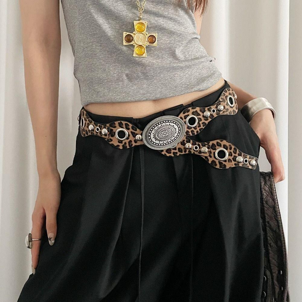 Leopard Women's Rivet Belt Vintage Dress Jeans Belt Leather Waistband  Waist Accessories