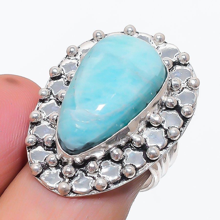 Natural Larimar Gemstone Handmade 925 Sterling Silver Jewelry Ring Size 7 o2A37