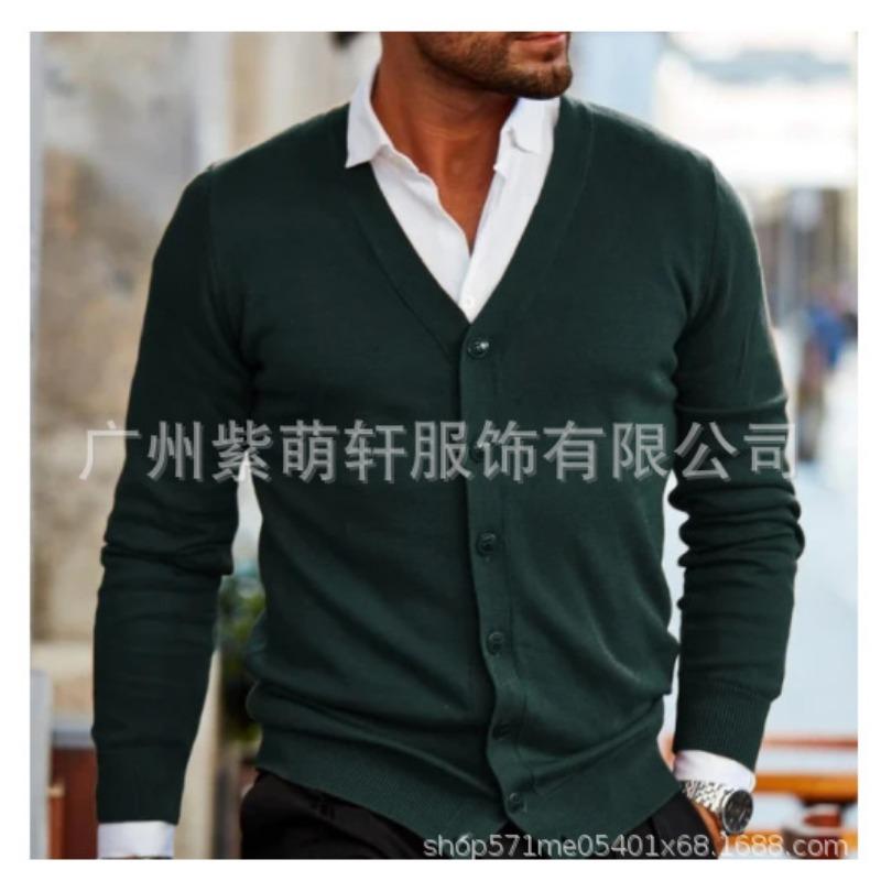 Mens Solid Color V Neck Long Sleeve Casual Knit Cardigan Sweater