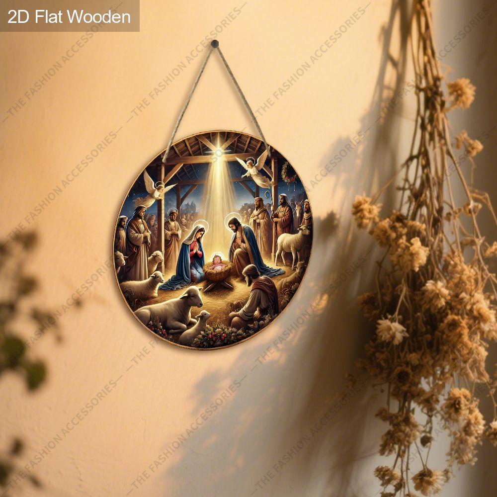 Nativity Scene Holy Family Angel Sheep Round Wooden Hanging Sign, Christmas Religious Wall Door Decor