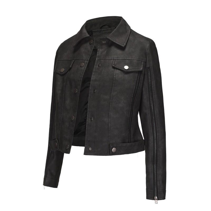 Womens Faux Leather Biker Jacket With Multiple Zippers Long Sleeve Open Front Coat Lightweight