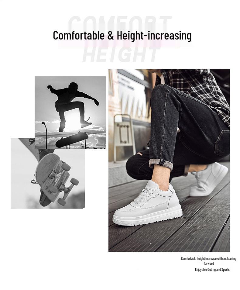 Men's Fashion Casual White Cowhide Sneakers with Invisible Height Boost (6CM and 8CM Options)