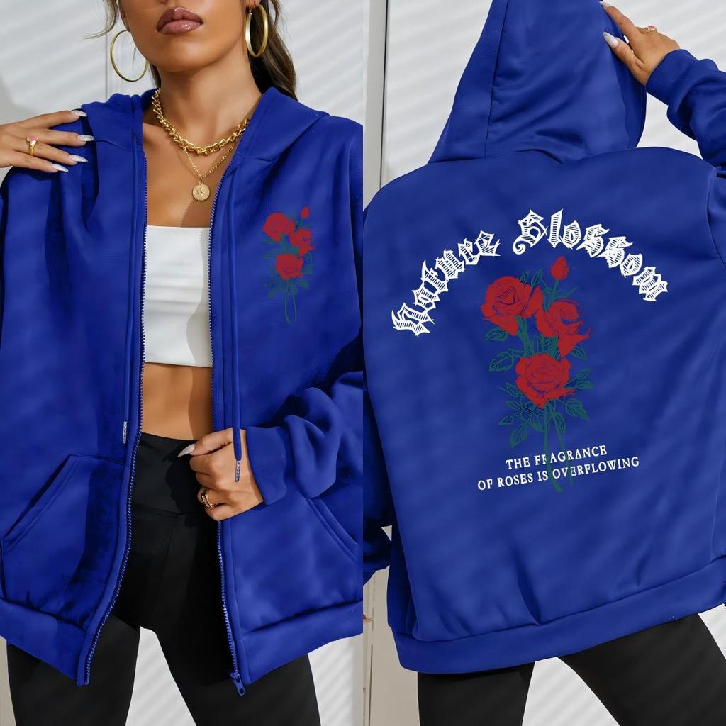 Nature Blooming The Roses Flower Prints Zipper Hoodies Women Casual All-Match Hoodie Loose Sportswear Clothing