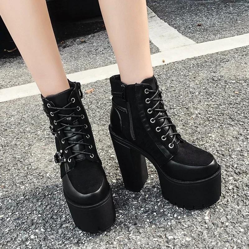 Women High Thick Heel Short Boots Lady Waterproof Platform Punk Shoes Nightclub Evening Party Boot Side Zipper Ankle Boots