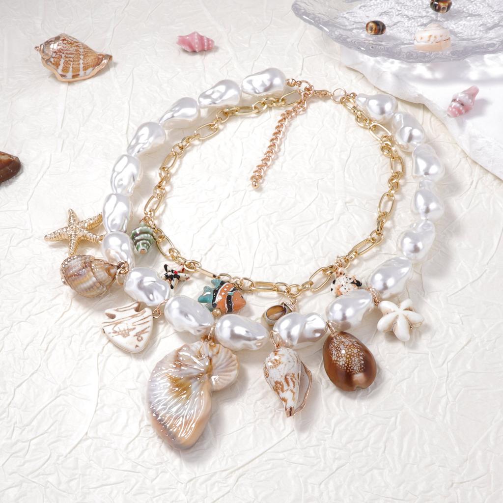 Trendy personality Baroque imitation pearl ceramic alloy conch shell and other pendants double stacked women's necklace