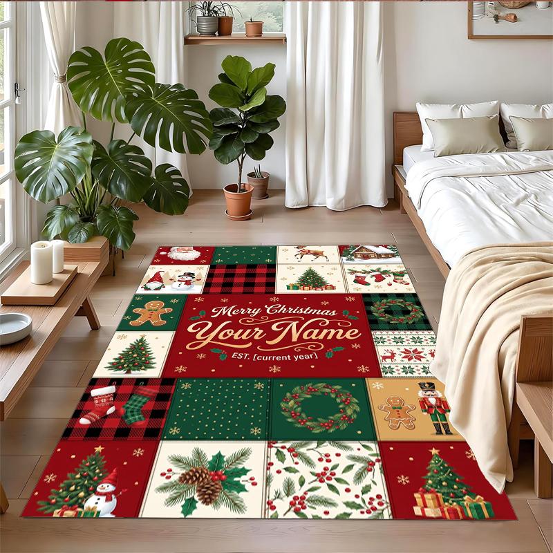 Christmas Custom Name Printed Square Area Rug Soft Non Slip Floor Carpet For Bedroom Holiday Gift