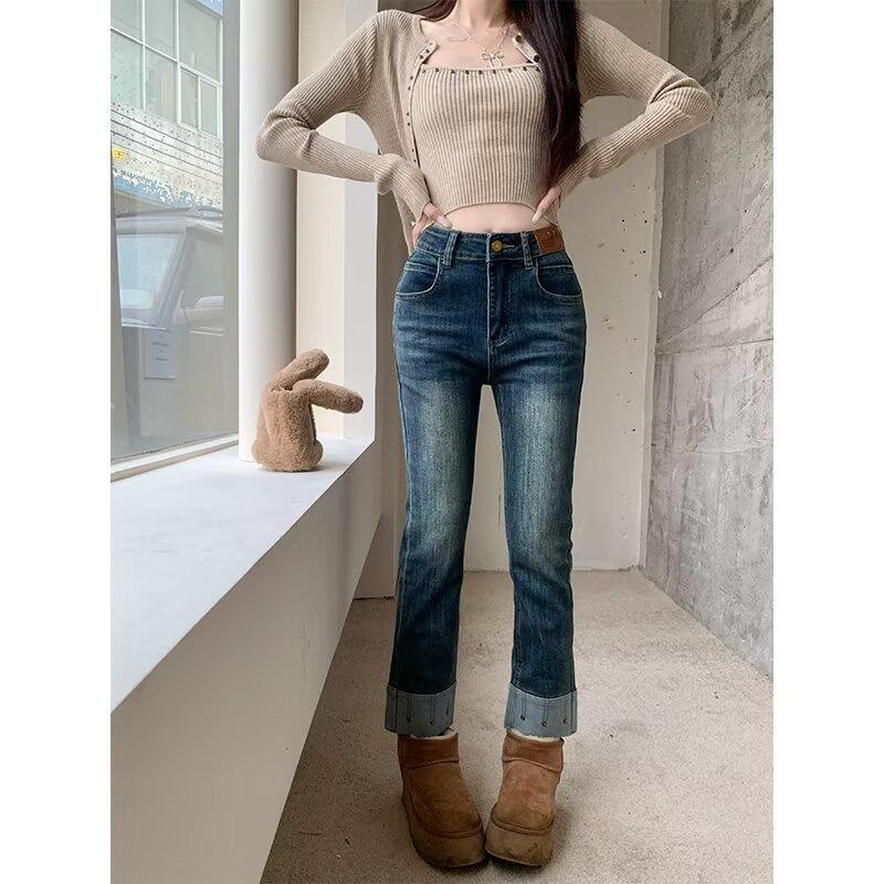 

Джинсы ретро стрейч с высокой талией больших размеров для женщин - Утягивающие брюки-сигареты длиной девять точек 3XL синий