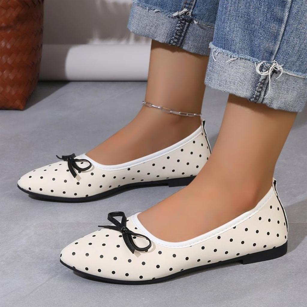 Women's Pointed Toe Ballet Flats Fabric Upper Polka Dot Pattern Bow Accent Slip On Casual Shoes Lightweight Flexible Sole