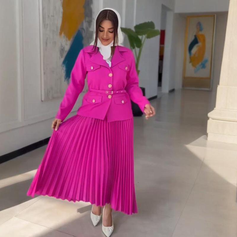2024 Autumn European & American Solid Color Lapel Suit with Pleated Midi Skirt