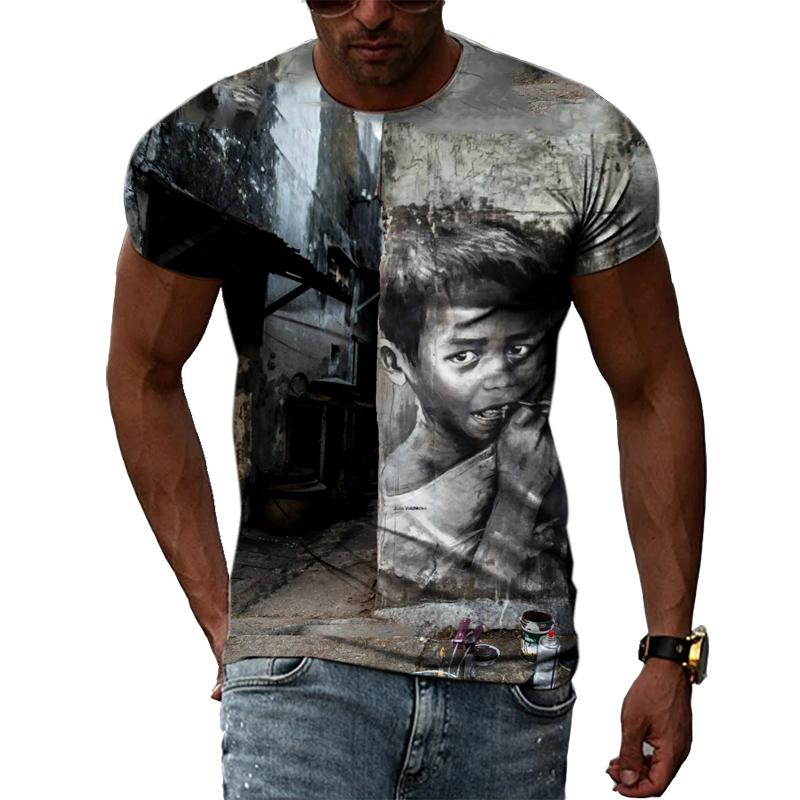 Fashion Creative Retro Graffiti Art Men T-shirts Summer Personality Sad Graphic T Shirts 3D Harajuku Print Short Sleeve Tees Top