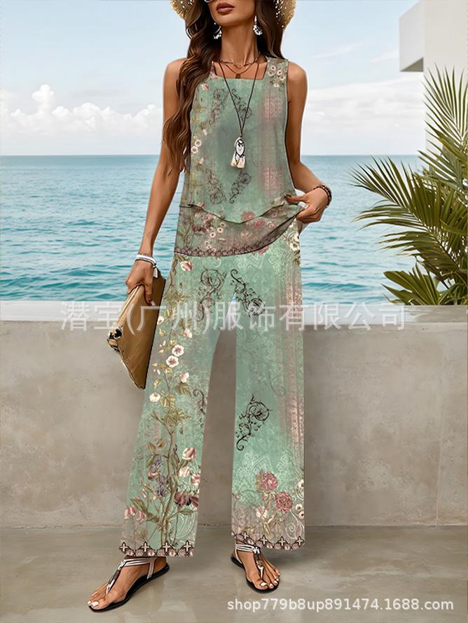 New European and American women's clothing spot explosion sleeveless casual double-layer vest plus pants set two-piece set