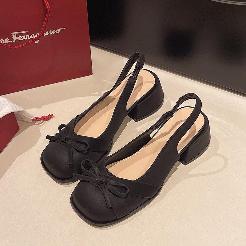 Summer 2025 New Sweet Small Square Head Thick Heel Bow Bag Head Sandals Femininity Rear Strap Women's Shoes
