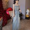 2026 Spring Retro Hong Kong Style Spaghetti Strap Denim Dress - Niche Design Waist-Cinching Long Dress for Women