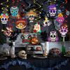 12 Pieces Day of The Dead Sugar Skull Halloween Paper Ornaments Ghost Hanging Indoor Skeleton Cats Decorations for Mexican Halloween Party Indoor Pati