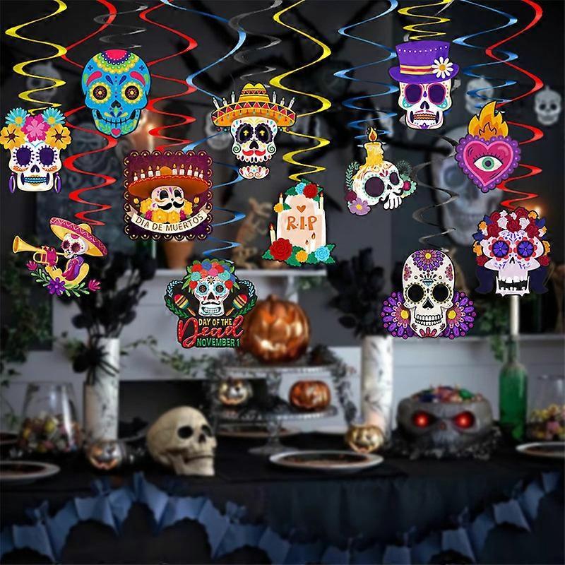 12 Pieces Day of The Dead Sugar Skull Halloween Paper Ornaments Ghost Hanging Indoor Skeleton Cats Decorations for Mexican Halloween Party Indoor Pati
