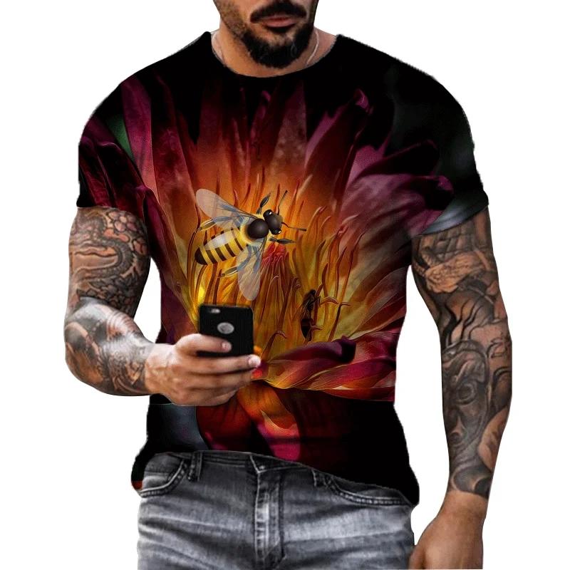 Summer New Casual Bee Pattern Men's Printed T-shirt Street Pop Hip Hop Personalized Round Neck Comfortable Short Sleeve