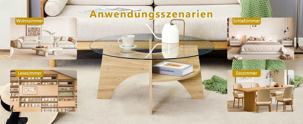 Modern Round Glass Coffee Table – diameter 80 cm with Transparent Top. Fan-shaped Frame, Table Legs MDF Natural Wood Tone. Ideal for Living Room.