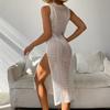 Women's Holiday Sexy Solid Colour Round Neck Sleeveless Breathable Knitted Long High Split Dress Beach Sunscreen Cover-ups
