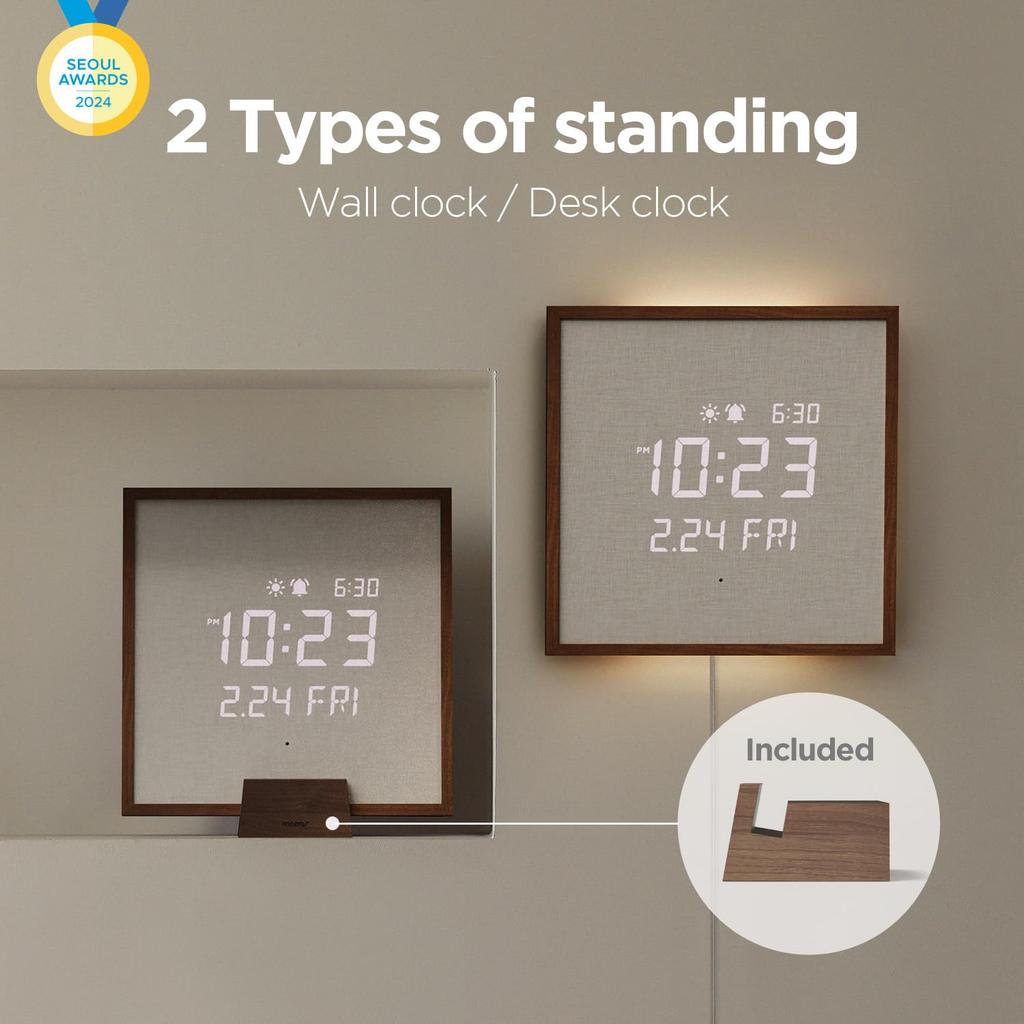 mooas Wooden Frame Backlit Nightlight LED Wall 3 Usage Selectable Can be Installed in 2 Wall Multifunctional LED Alarm Hour Remote 4 Levels of
