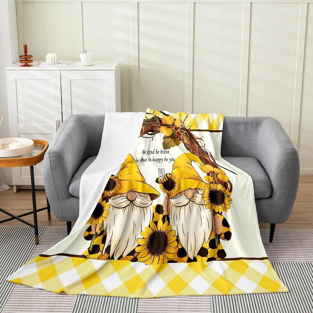 Spring Gnome Throw Blanket,Yellow Sunflowers Fleece Flannel Blanket for Toddler,Floral Truck Fuzzy Blanket,Lovely Bee GnomeDwarf