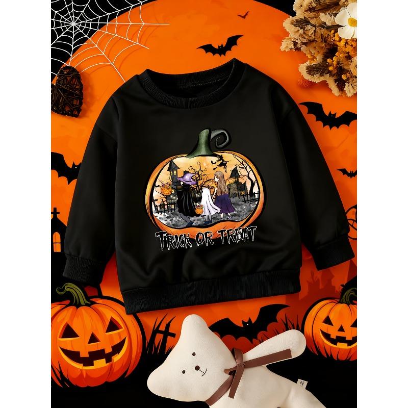 Kids Crewneck Sweatshirt, Halloween TRICK OR TREAT Print with Pumpkin Silhouettes & Witch Girl Carrying Pumpkin Basket