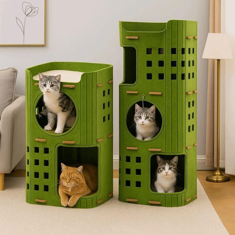 Japanese Style 2 Floors/3 Floors Cat House with Holes All-in-one Cat Bed Green Durable Cat Condo Pet House