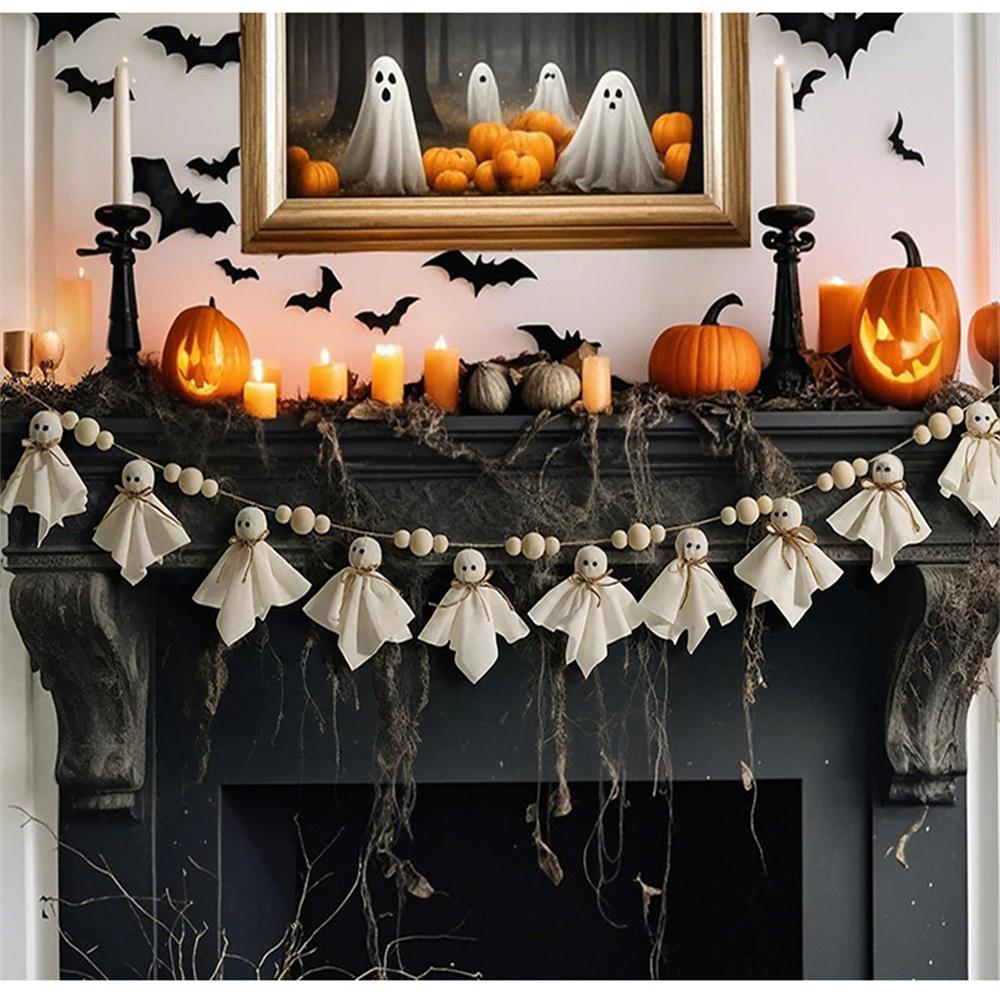 Cute Halloween Ghost Garland Rustic Handmade Ghosts Ornaments with Wooden Beads Indoor Home Decor for Wall Fireplace Doorway
