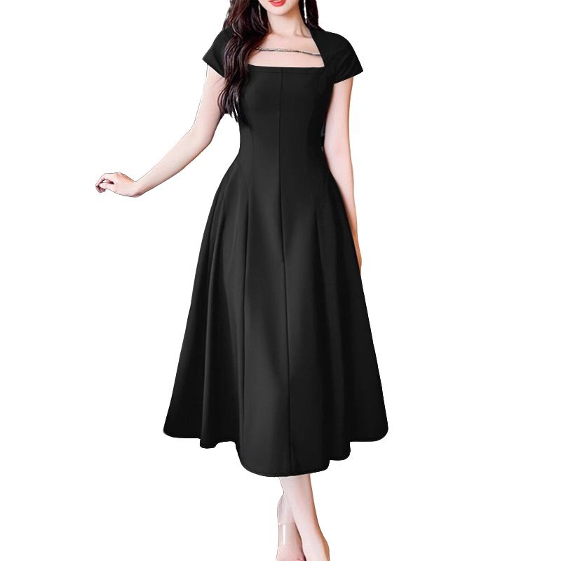 

ZANZEA Женское повседневное летнее платье с квадратным вырезом, коротким рукавом и высокой талией L чёрный