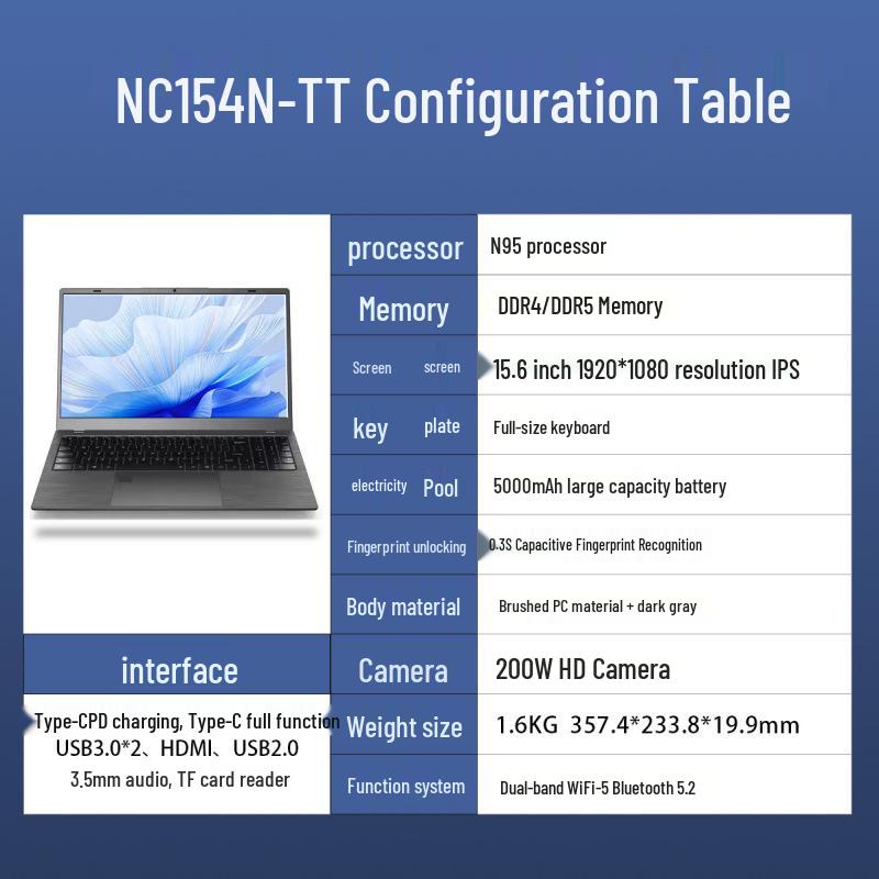 New 15.6-inch Laptop N95/N100 HD Large Screen Portable Thin & Light for Business Office