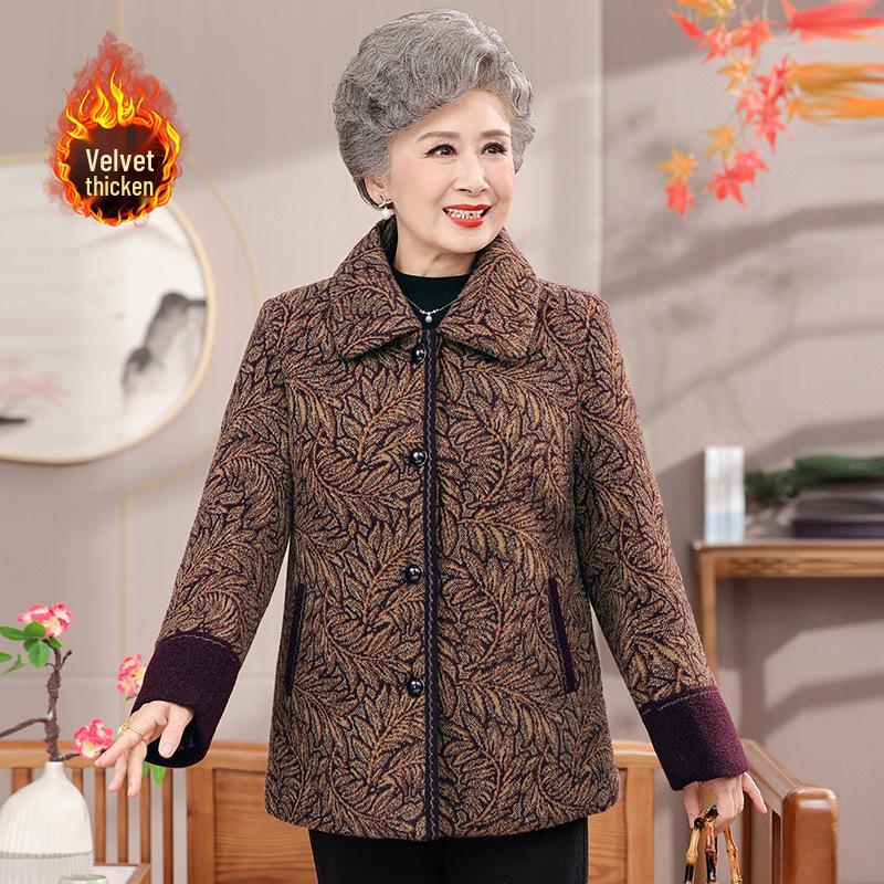 

Plus Size Leaf Pattern Wool Coat for Autumn/Winter - Stylish Grandma Women s Outerwear 3XL кофейный