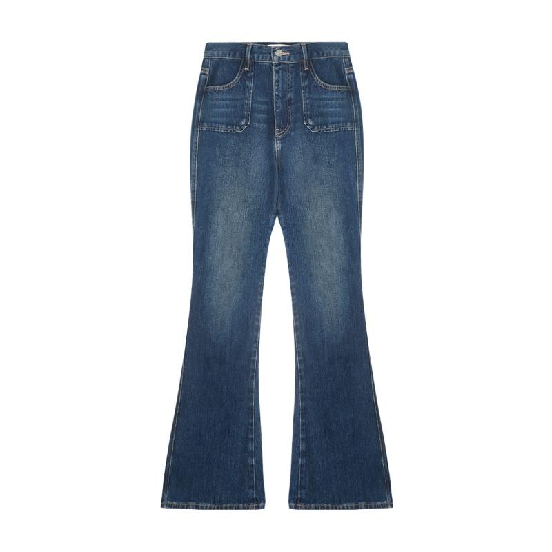 

Women’s Mid‑Waist Vintage Washed Flare Jeans – Slim Fit Denim Pants – Blue Retro Style L