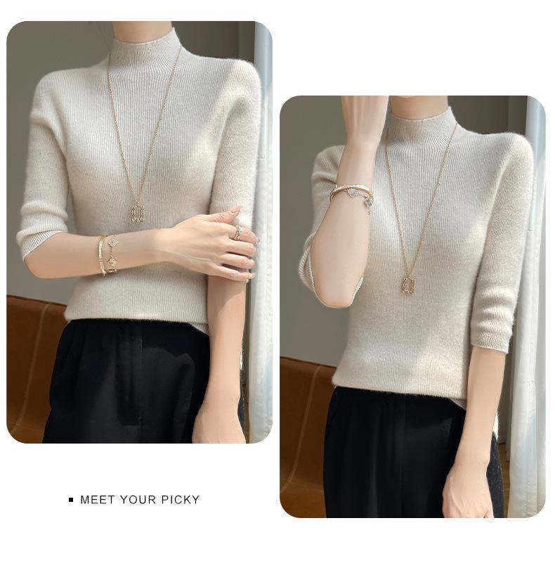 2025 Spring Women's Slim-Fit Mid-Neck Knitted Top with Five-Point Sleeves