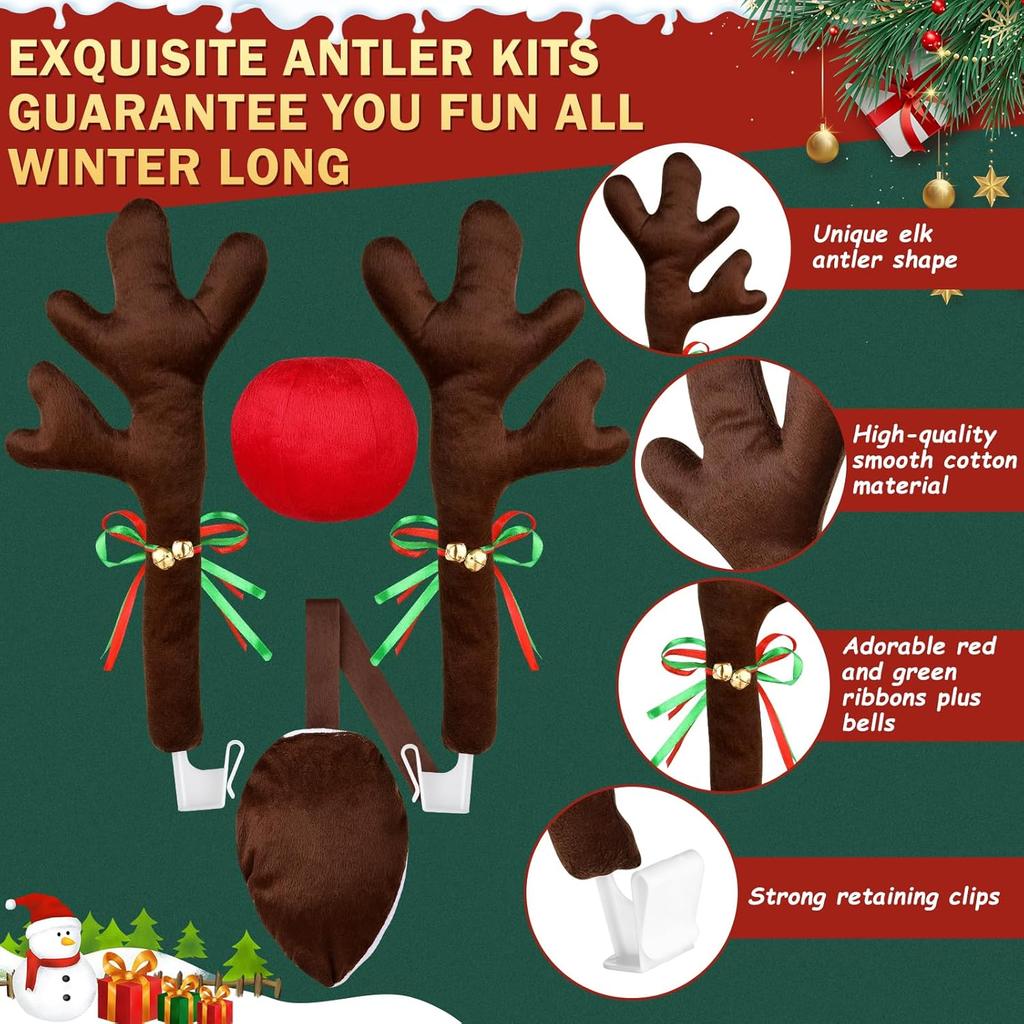 16.7 Inch Dark Brown Christmas Reindeer Car Kit - Reindeer Car Kit With 4 Adorable Car Seat Santa Hat, Christmas Decorations Perfect For Various Car