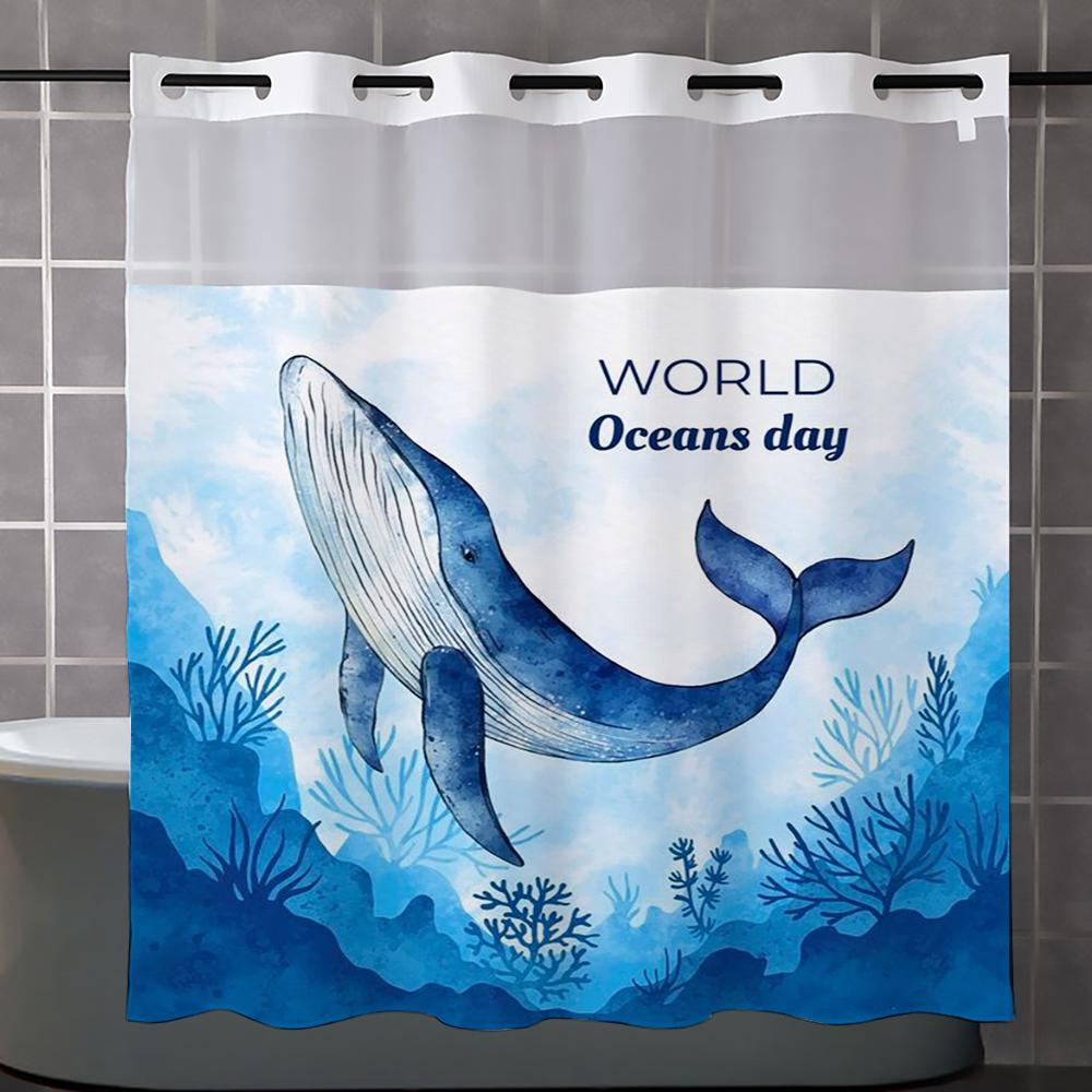 

Занавеска для душа с рисунком кита без крючков, с тканевой подкладкой на кнопках, прозрачным верхом-окном, водонепроницаемая двухслойная занавеска для ванны 180X188cm синий