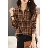 Women's Brown Plaid Print Long Sleeve Shirt Loose Casual Button-Down Blouse