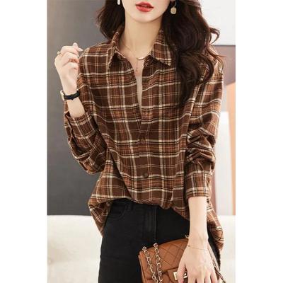 Women's Brown Plaid Print Long Sleeve Shirt Loose Casual Button-Down Blouse