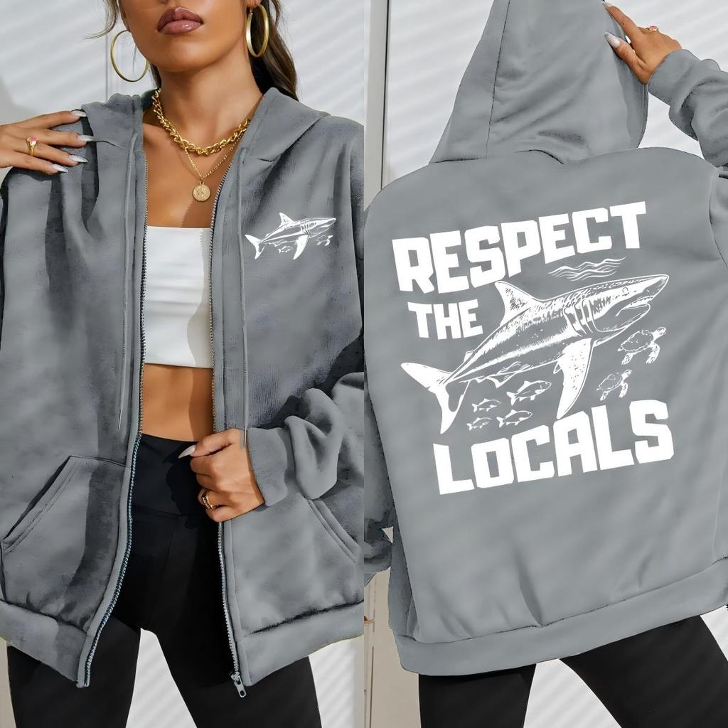 Respect The Local Ocean Shark Design Zipper Sportswears Women Fleece Hoodies Autumn Oversize Hoodie Streetwear