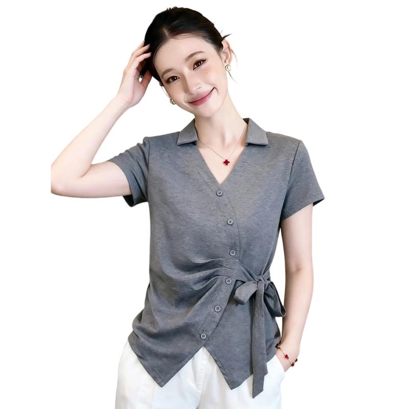 La Chapelle Women s Irregular V-neck Tie-Waist Short Sleeve T-shirt L